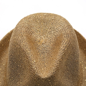 Close-up of gold sequins on woven straw sun hat showing texture and shimmer