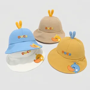 Foldable cotton sun hat with cartoon duck embroidery and 3D heart top for toddlers
