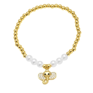 Golden beaded bracelet with white pearls and a sparkling zircon elephant pendant