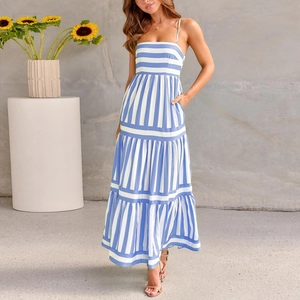 Detail of the blue and white striped tiered ruffle hem on this breezy summer sundress