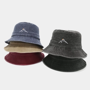 Vintage Washed Cotton Bucket Hat With Mountain Embroidery Outdoor Sun Protection Breathable Fisherman Cap For Men Women