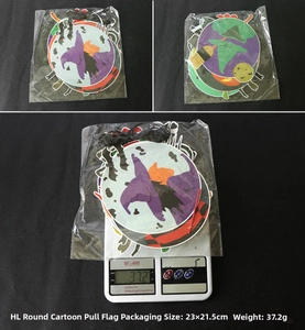 Macro detail of Halloween cartoon banner cards showing weight and packaging dimensions
