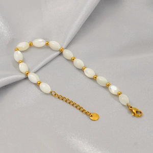18K gold plated stainless steel bracelet with oval shell beads and adjustable chain link