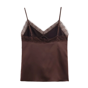 Elegant dark brown satin camisole with delicate lace trim and adjustable straps