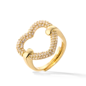 Adjustable gold heart ring featuring a hollow pavé zircon frame for a minimalist look