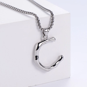 Polished silver letter C pendant necklace with liquid metal style and box chain
