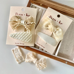 French lace forest style beige bow hair clips and bobby pins set for kids in a gift box