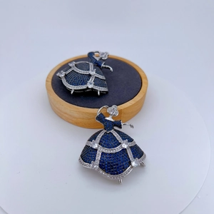 Elegant ballet dancer brooch with blue and white crystals on silver metal base