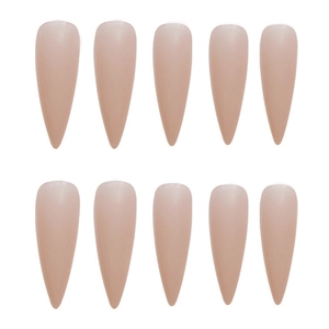 Elegant long pointed almond shape press-on fake nails in natural nude color glossy finish
