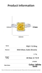 Technical size specs of S925 sterling silver ring with 8x8mm square yellow zirconia