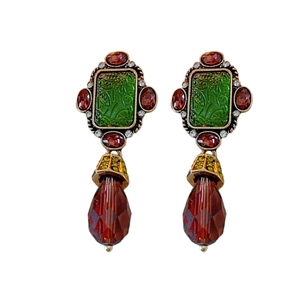 Vintage palace style oval earrings with green stones and red teardrop crystal drops