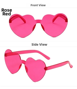 Vues de face et de côté de lunettes de soleil sans monture en forme de cœur rouge rose