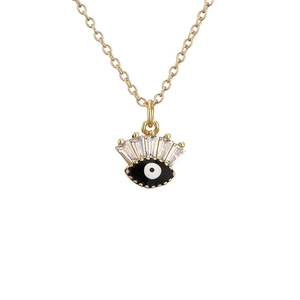Golden evil eye pendant necklace with micro-paved zircons and black enamel eye design
