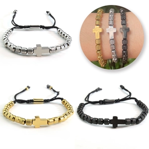 Braccialetti con perline a croce in acciaio inossidabile regolabili in oro, argento e nero