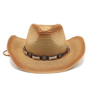 Men's western straw cowboy hat with leather band and metal star charms for sun protection