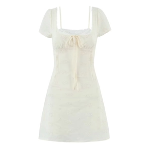French Retro Hollow Embroidery Mini Dress Puff Sleeve Square Neck Ruched Lace Trim Sexy White Short Dress For Women