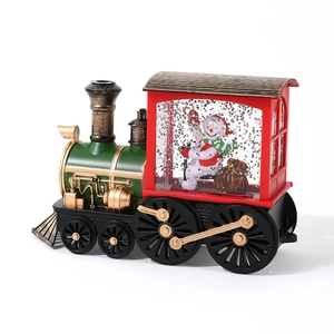 Christmas water-filled locomotive snow globe with snowman and gift box figurines