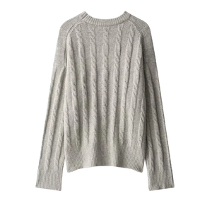 Detail showing grey cable-knit texture and soft wool blend fabric of the sweater