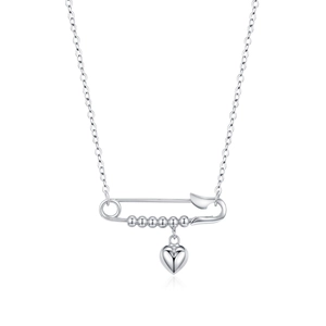 Minimalist S925 sterling silver safety pin necklace with a heart-shaped mirror pendant