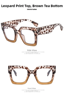 Square oversized leopard print glasses frame with brown gradient and metal rivet details