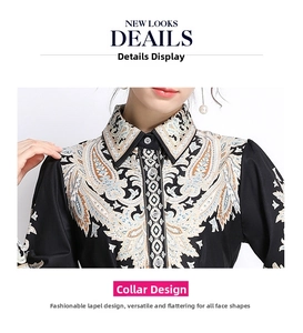Close-up of the vintage paisley print collar and button placket on a long-sleeve dress