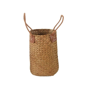 Natural woven seagrass flower basket with leather trim and durable hemp rope handles