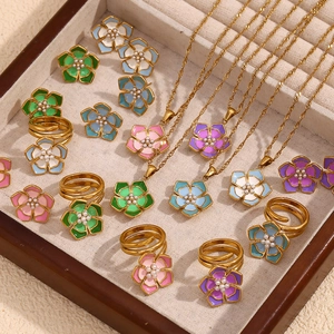 18K gold plated flower necklace and ring set with pearls and colorful enamel