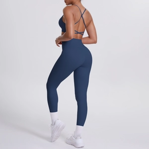 Détails du soutien-gorge de sport à dos croisé et legging bleu marine pour yoga