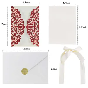 Detailed dimensions of hollow invitation cover, white inner sheet, envelope and ribbon