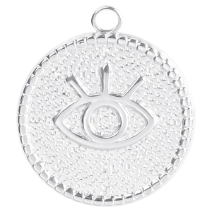 Silver stainless steel Evil Eye pendant with textured hammer finish and beaded edge