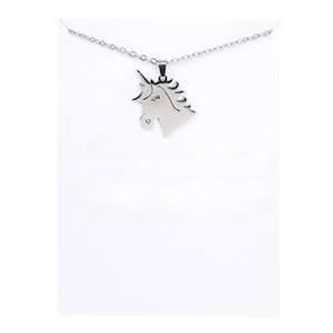 Close-up of silver unicorn pendant on card with Life Is Magical text display