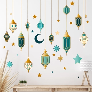 Middle Eastern style blue chandelier and star moon wall stickers for home decor
