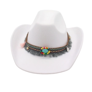 White felt cowboy hat featuring ethnic beaded band, turquoise stone and pink tassels