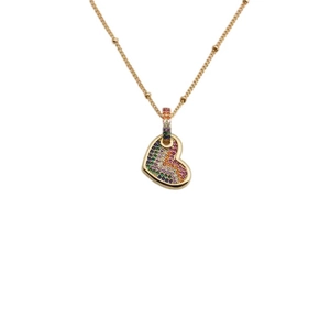 Golden heart pendant necklace with rainbow gemstone inlay on delicate bead chain
