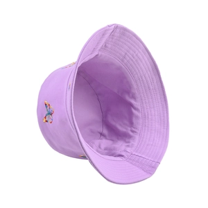 Reversible purple cotton bucket hat with colorful butterfly embroidery and sun protection