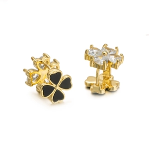 Double-sided four-leaf clover earrings with black enamel and white zircon stones
