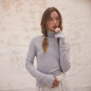 Women Turtleneck Waffle Knit T-Shirt Long Sleeve Lettuce Edge Thumb Hole Slim Fit Top