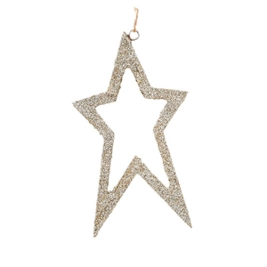 Sparkling gold star hanging ornament with glitter finish and rustic jute rope for Christmas tree