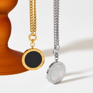 Round Pendant Necklace Stainless Steel Shell Enamel Double Sided Roman Numerals Letter B Charm Vintage Long Chain Jewelry