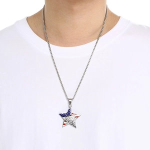 Detailed close-up of eagle head embossed on star pendant with American flag pattern