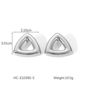 Detailed view of polished silver triangle earrings with measurements 3.10cm x 3.01cm