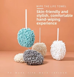 Hanging chenille hand towel balls in multiple colors with absorbent soft texture