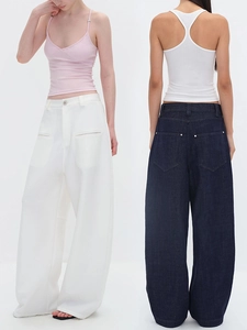 Vista anteriore e posteriore di pantaloni a vita alta a gamba larga in bianco e blu