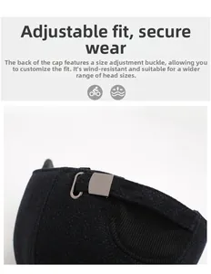 Detail of adjustable metal buckle and strap on the navy blue thermal baseball cap