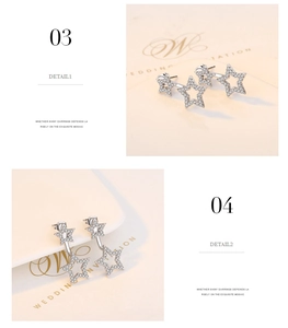 Macro detail of silver star stud earrings with sparkling cubic zirconia on a cream background