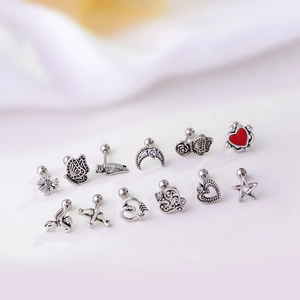 Set of 12 silver titanium steel stud earrings with butterfly, heart, and flower motifs