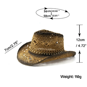Detail of western straw cowboy hat featuring hollow weave patterns and size specifications