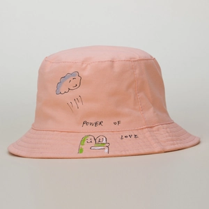 Double-sided cotton bucket hat with peach pink hand-drawn graffiti and smile cloud print