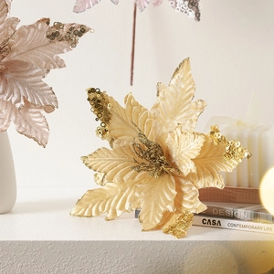 Elegant 25cm champagne gold and pink sequined artificial Christmas flower for tree decor