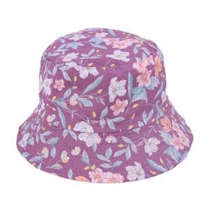 Detail of purple children bucket hat with pink floral patterns and light blue leaves